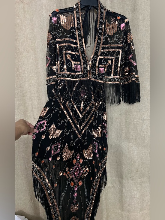 ASOS Dresses & Skirts - RARE Y2K ASOS design Black Sequin Fringe Maxi Dress with Pink & Rose Accents#A10